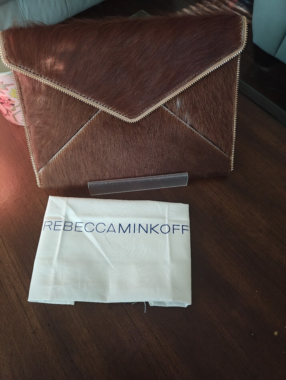 Rebecca Minkoff Calf Hair Envelope Clutch in Brown with Gold Trim - Picture 10 of 10